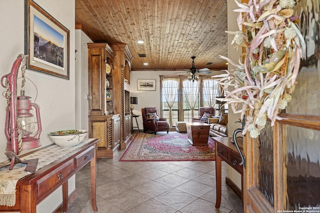 interior space featuring wooden ceiling, recessed lighting, and a ceiling fan