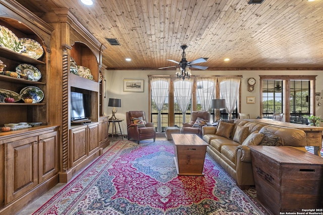 living area featuring recessed lighting, wood ceiling, visible vents, and ceiling fan