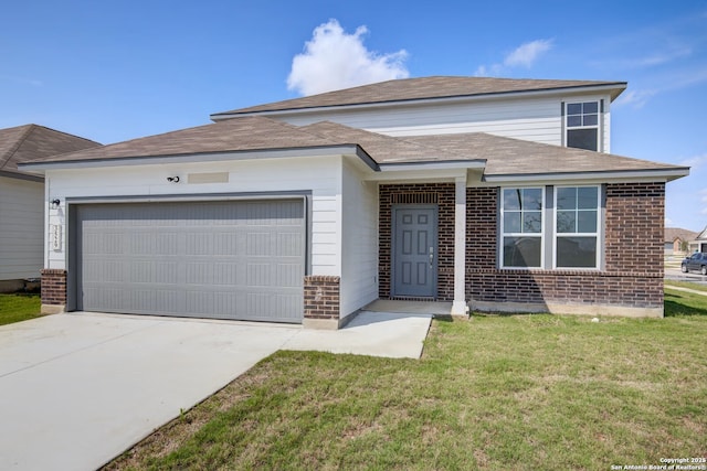 view of front of house featuring a garage, brick siding, concrete driveway, and a front lawn