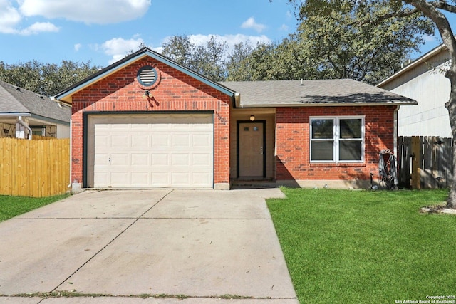 single story home with a front yard, a garage, fence, and brick siding