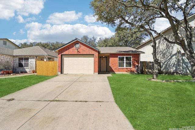 single story home with a garage, brick siding, a front yard, and fence