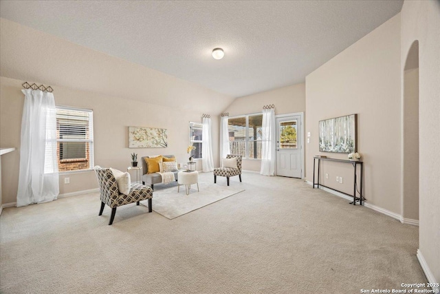 carpeted living area featuring lofted ceiling, arched walkways, baseboards, and a textured ceiling