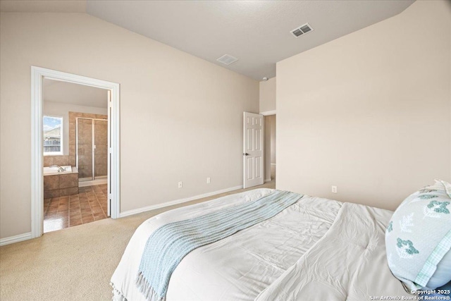 bedroom featuring visible vents, baseboards, carpet flooring, and vaulted ceiling