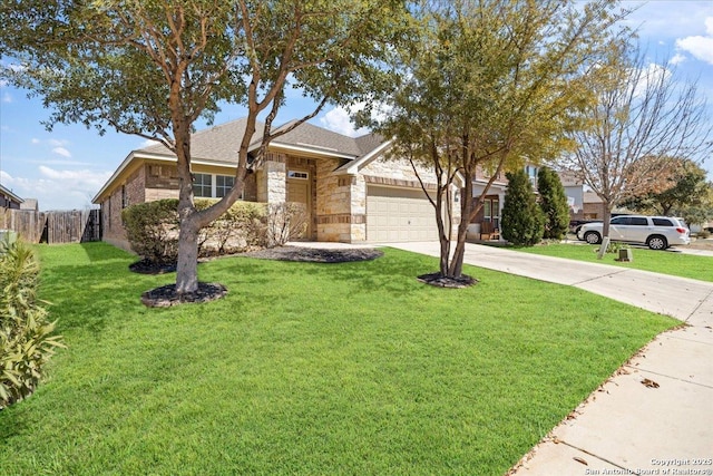 ranch-style house featuring an attached garage, a front lawn, fence, stone siding, and driveway