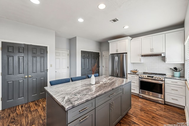 kitchen featuring light stone countertops, dark wood-style flooring, under cabinet range hood, and stainless steel appliances