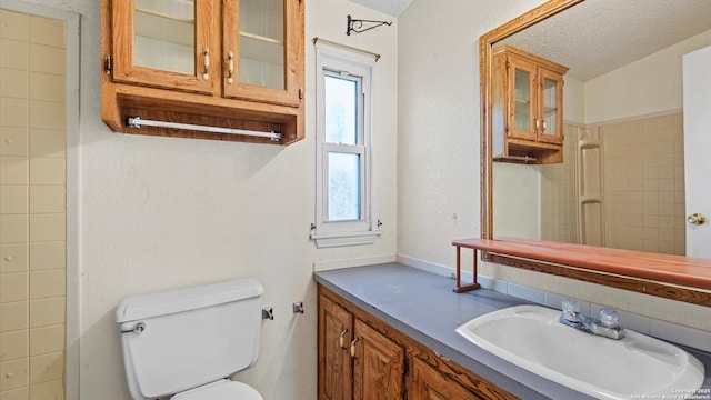 bathroom with vanity, toilet, a textured wall, and a textured ceiling