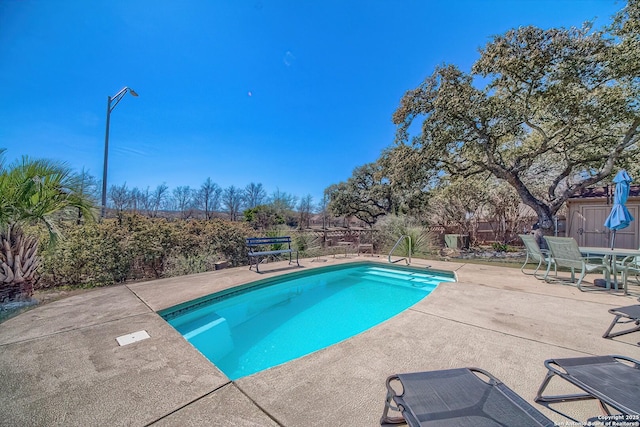 view of pool featuring a fenced in pool, fence private yard, and a patio area