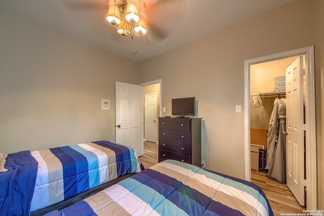 bedroom with light wood finished floors, a closet, a walk in closet, and ceiling fan