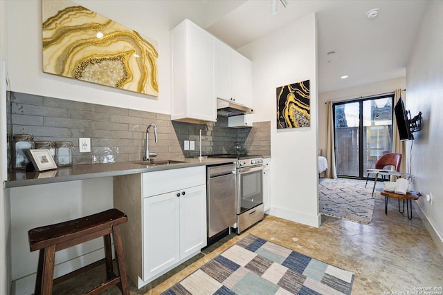 kitchen with stainless steel appliances, decorative backsplash, a sink, under cabinet range hood, and white cabinetry