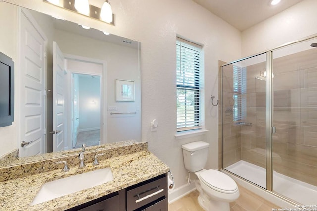 bathroom featuring visible vents, toilet, a stall shower, baseboards, and vanity