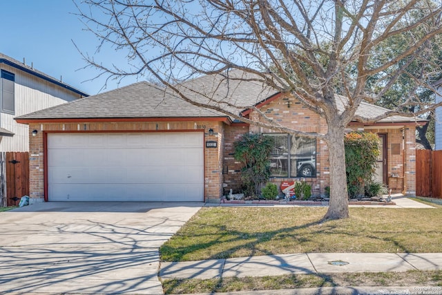 view of front of property featuring brick siding, a shingled roof, an attached garage, and fence