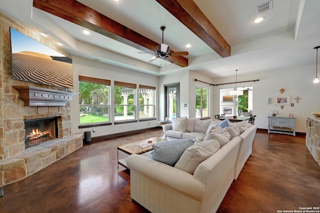 133 Fair Spgs, Boerne, TX 78006 - living area featuring concrete flooring, baseboards, a fireplace, ceiling fan, and recessed lighting