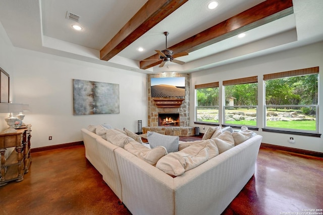 133 Fair Spgs, Boerne, TX 78006 - living room featuring finished concrete floors, baseboards, a ceiling fan, beamed ceiling, and recessed lighting