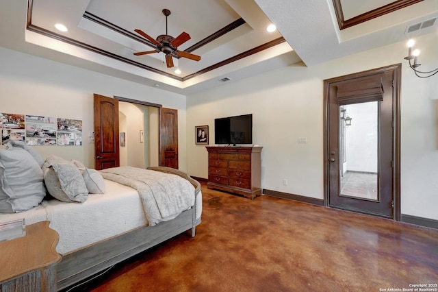 133 Fair Spgs, Boerne, TX 78006 - bedroom featuring a tray ceiling, baseboards, recessed lighting, crown molding, and finished concrete floors