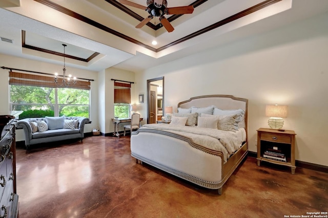 133 Fair Spgs, Boerne, TX 78006 - bedroom with a tray ceiling, concrete flooring, ornamental molding, a chandelier, and baseboards