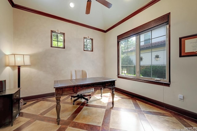 133 Fair Spgs, Boerne, TX 78006 - office space with inlaid floor details, baseboards, ornamental molding, a ceiling fan, and recessed lighting
