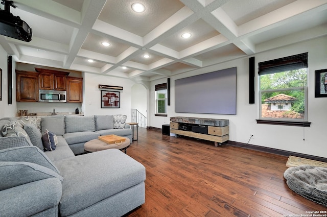 133 Fair Spgs, Boerne, TX 78006 - living room with baseboards, coffered ceiling, plenty of natural light, dark wood finished floors, and beamed ceiling