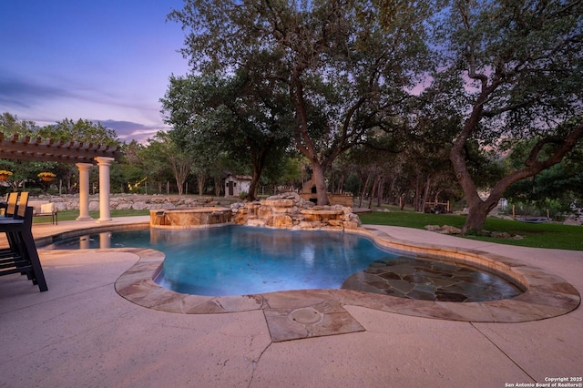 133 Fair Spgs, Boerne, TX 78006 - pool at dusk with an outdoor pool, a patio, and a pergola