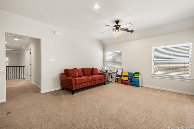 living area with recessed lighting, baseboards, carpet, and vaulted ceiling