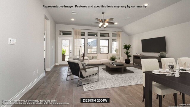living room with visible vents, lofted ceiling, a ceiling fan, wood finished floors, and baseboards