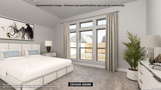 bedroom featuring light carpet, baseboards, and vaulted ceiling