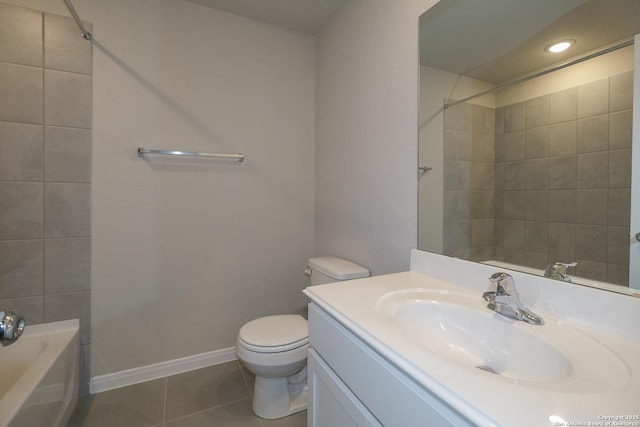 full bath featuring vanity, baseboards, recessed lighting, tile patterned flooring, and toilet