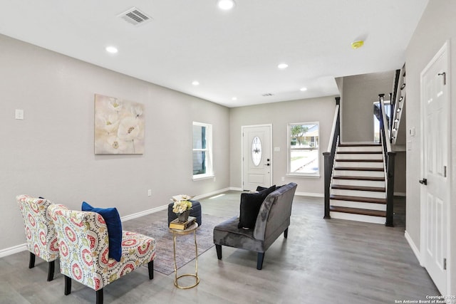 650 Canyon Cir, Canyon Lake, TX 78133 - living area featuring wood finished floors, stairs, baseboards, and recessed lighting