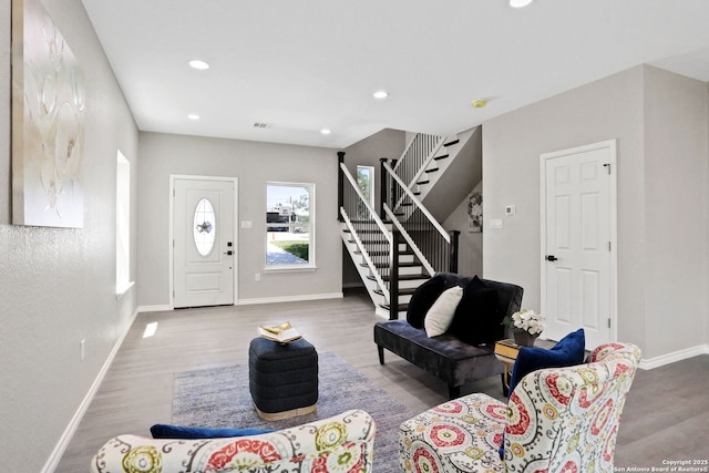 650 Canyon Cir, Canyon Lake, TX 78133 - living room with stairs, recessed lighting, wood finished floors, and baseboards