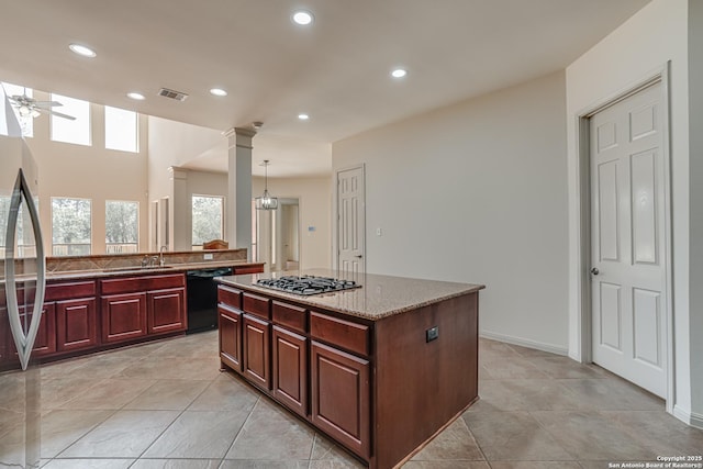 kitchen with visible vents, ornate columns, recessed lighting, appliances with stainless steel finishes, and a ceiling fan