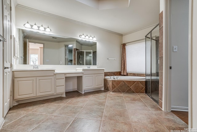 bathroom with vanity, a bath, a stall shower, and ornamental molding