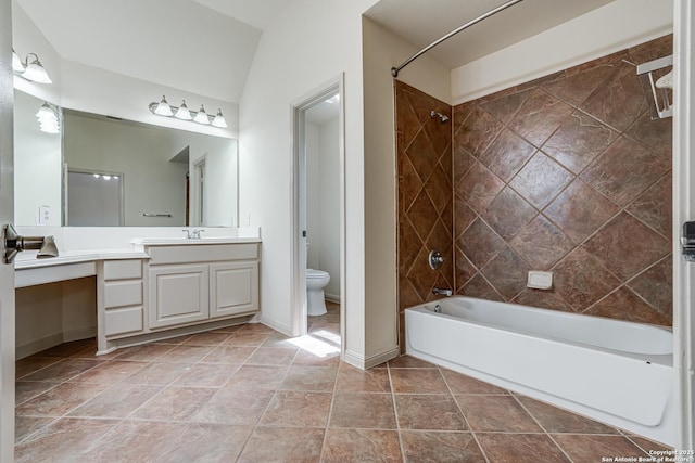 full bath with vanity, baseboards, tile patterned flooring, toilet, and shower / bathtub combination