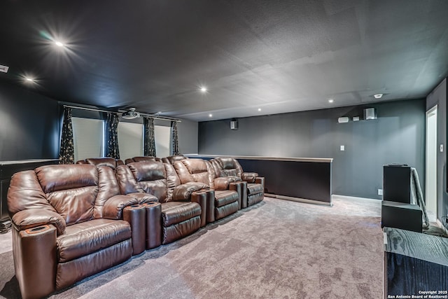 home theater with carpet flooring and recessed lighting