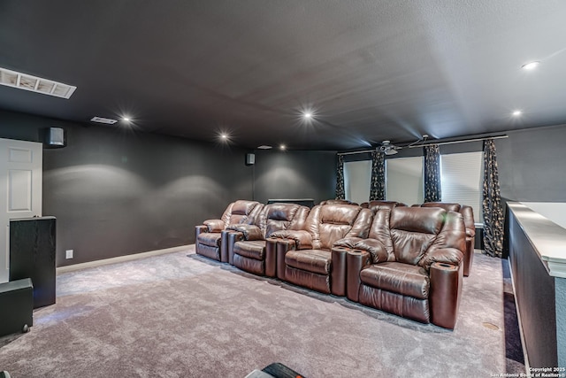 home theater room featuring visible vents, recessed lighting, baseboards, and carpet floors