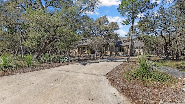 view of property hidden behind natural elements featuring stucco siding and driveway