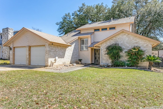 view of front of house with brick siding, a garage, concrete driveway, and a front yard