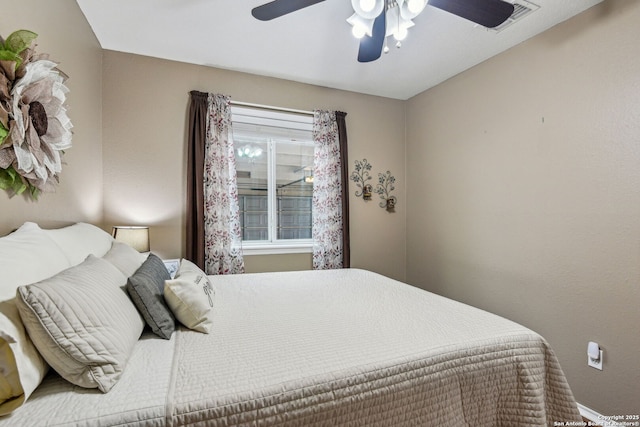 bedroom featuring a ceiling fan and visible vents