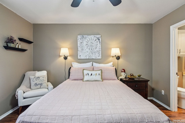 bedroom featuring ceiling fan, connected bathroom, baseboards, and wood finished floors