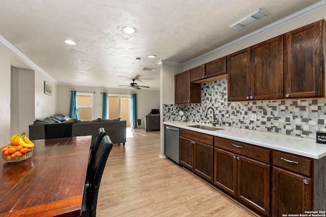 kitchen featuring visible vents, light wood finished floors, a sink, decorative backsplash, and stainless steel dishwasher