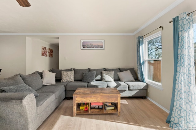 living room featuring crown molding, baseboards, and light wood finished floors