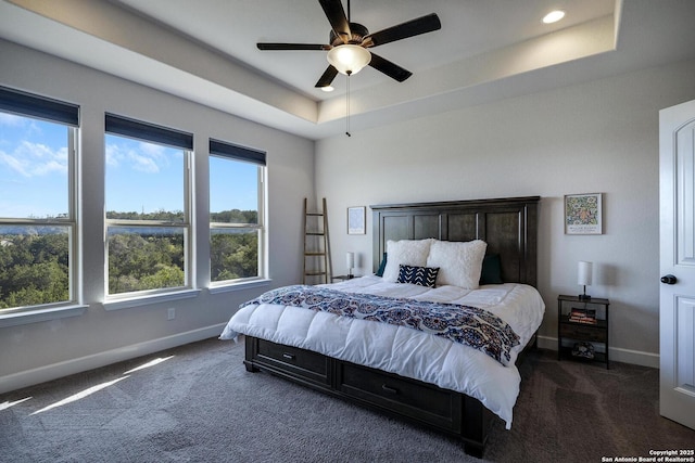 bedroom with a raised ceiling, baseboards, and dark colored carpet