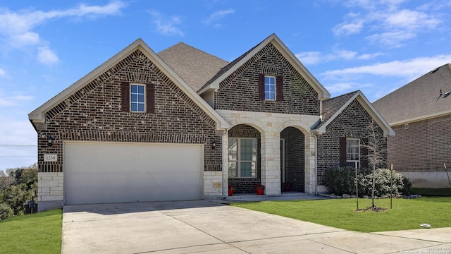 french provincial home featuring driveway, stone siding, roof with shingles, a front yard, and brick siding