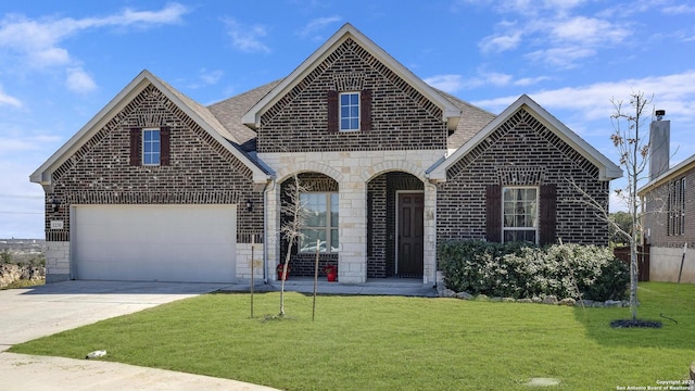 french country style house featuring brick siding, roof with shingles, concrete driveway, and a front yard