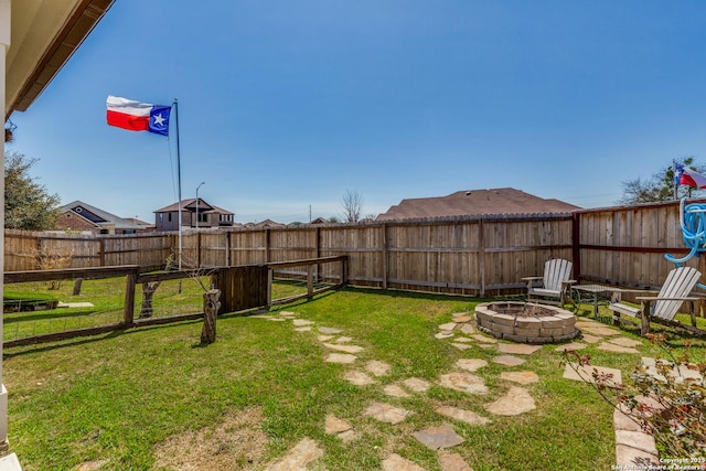 view of yard with an outdoor fire pit and a fenced backyard