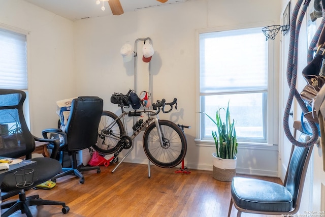 interior space featuring a ceiling fan, baseboards, and wood finished floors