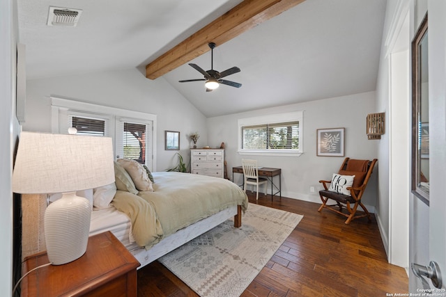 bedroom with visible vents, dark wood-type flooring, baseboards, ceiling fan, and vaulted ceiling with beams