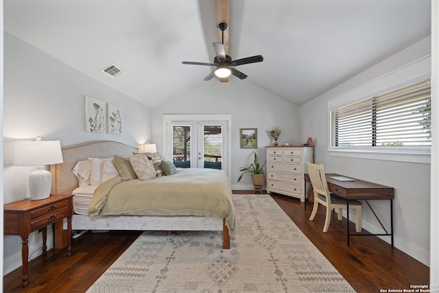 bedroom with visible vents, access to exterior, dark wood finished floors, and vaulted ceiling