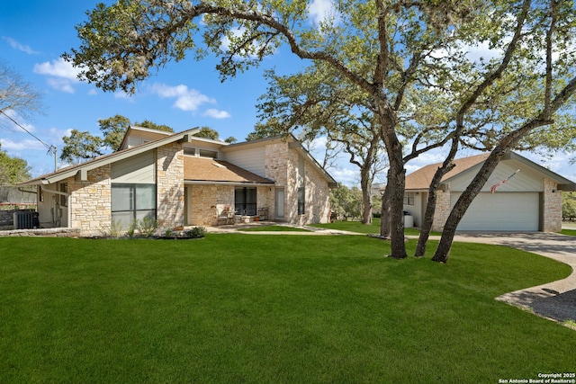 view of property exterior with cooling unit, a lawn, a garage, and driveway