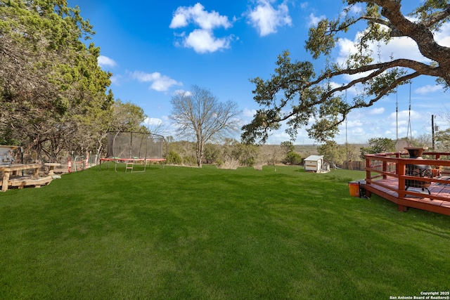 view of yard featuring an outbuilding, a trampoline, and a storage unit