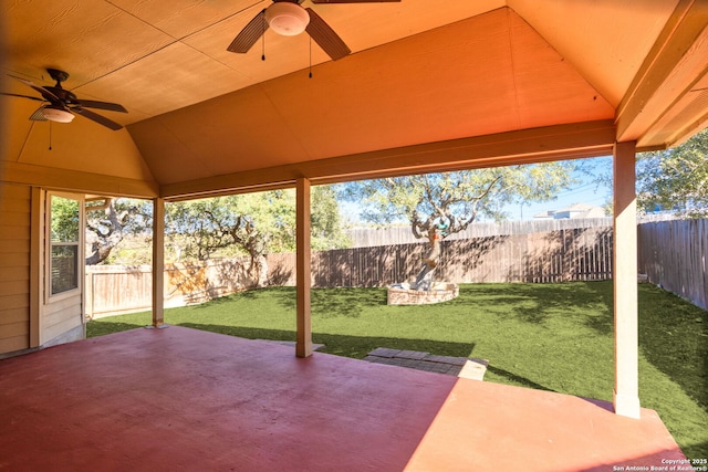 view of patio / terrace featuring a fenced backyard, a gazebo, and a ceiling fan