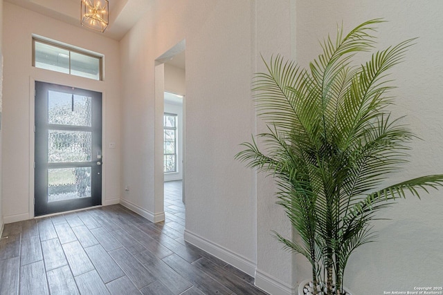 entryway featuring baseboards and dark wood-style flooring